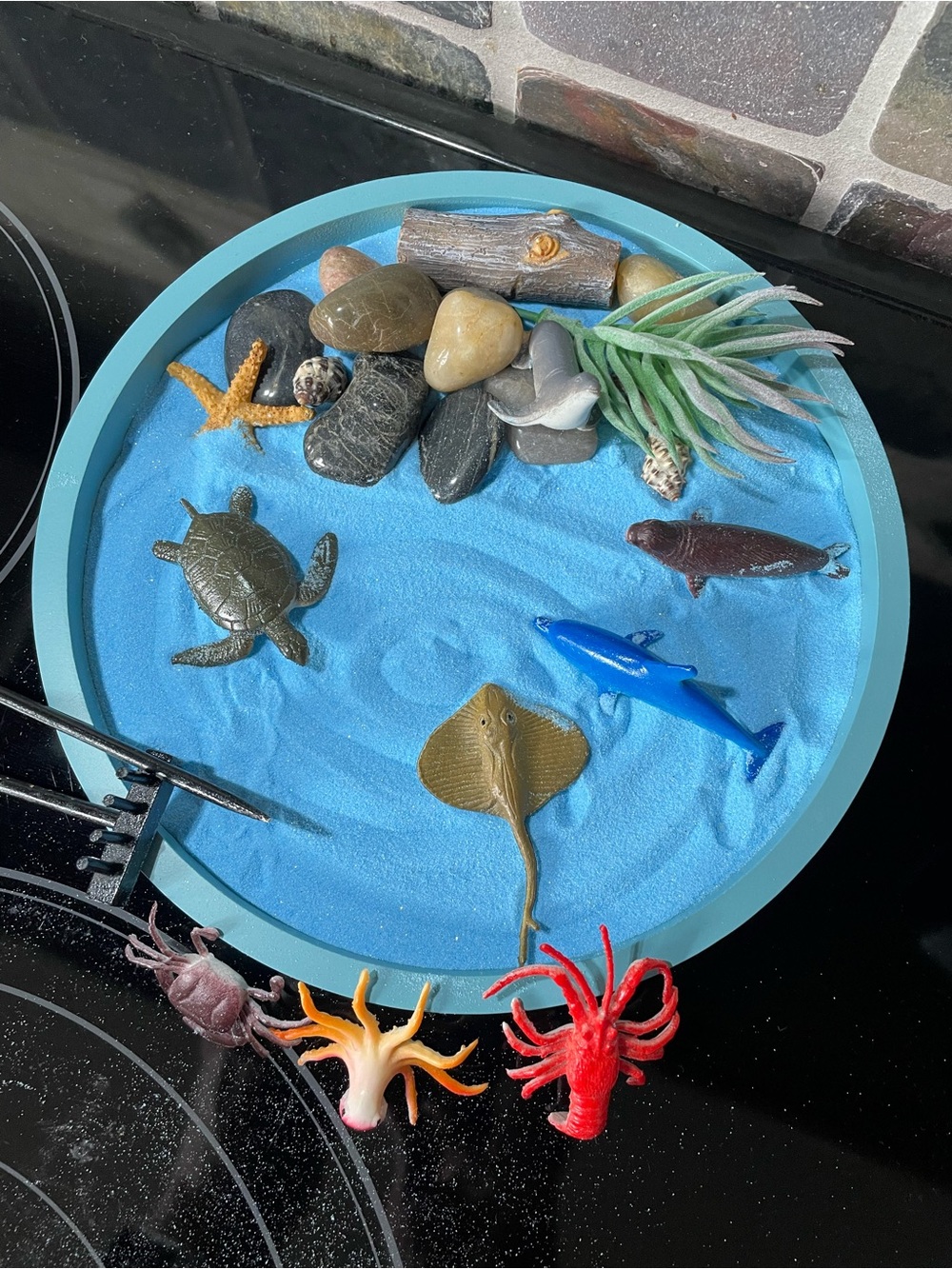 Zen Garden ocean themed with container, sand, plastic ocean pieces, and rake